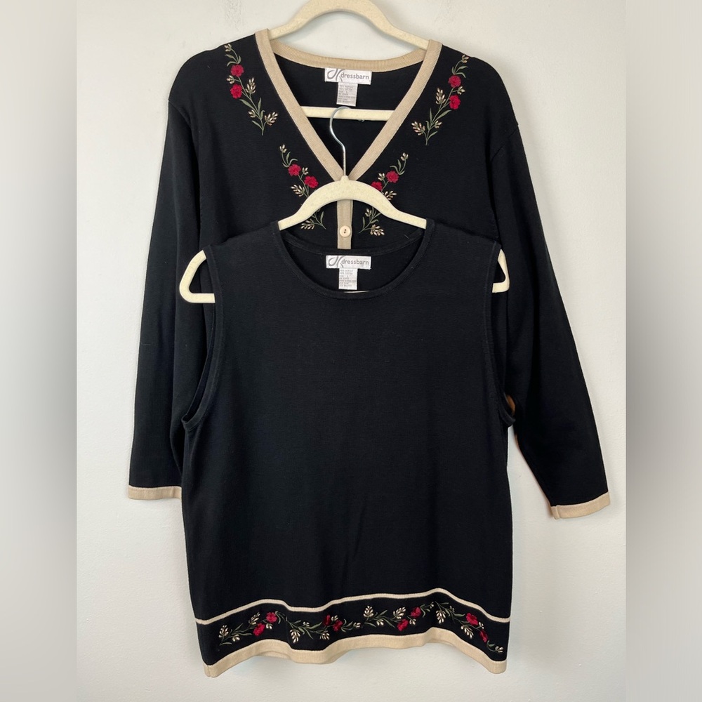 Vintage Dress Barn Knit Floral Embroidered Cardigan and Tank Top Set L